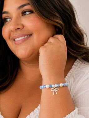 Plus Size Blue Bow Bracelet | Handmade Stretch Beaded Bracelet Pastel And Ivory